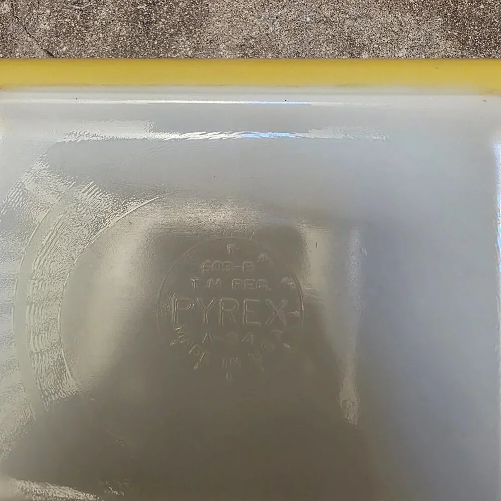 Pyrex Primary Yellow 503-B Refrigerator Dish 503-C Clear Ribbed Lid Handles